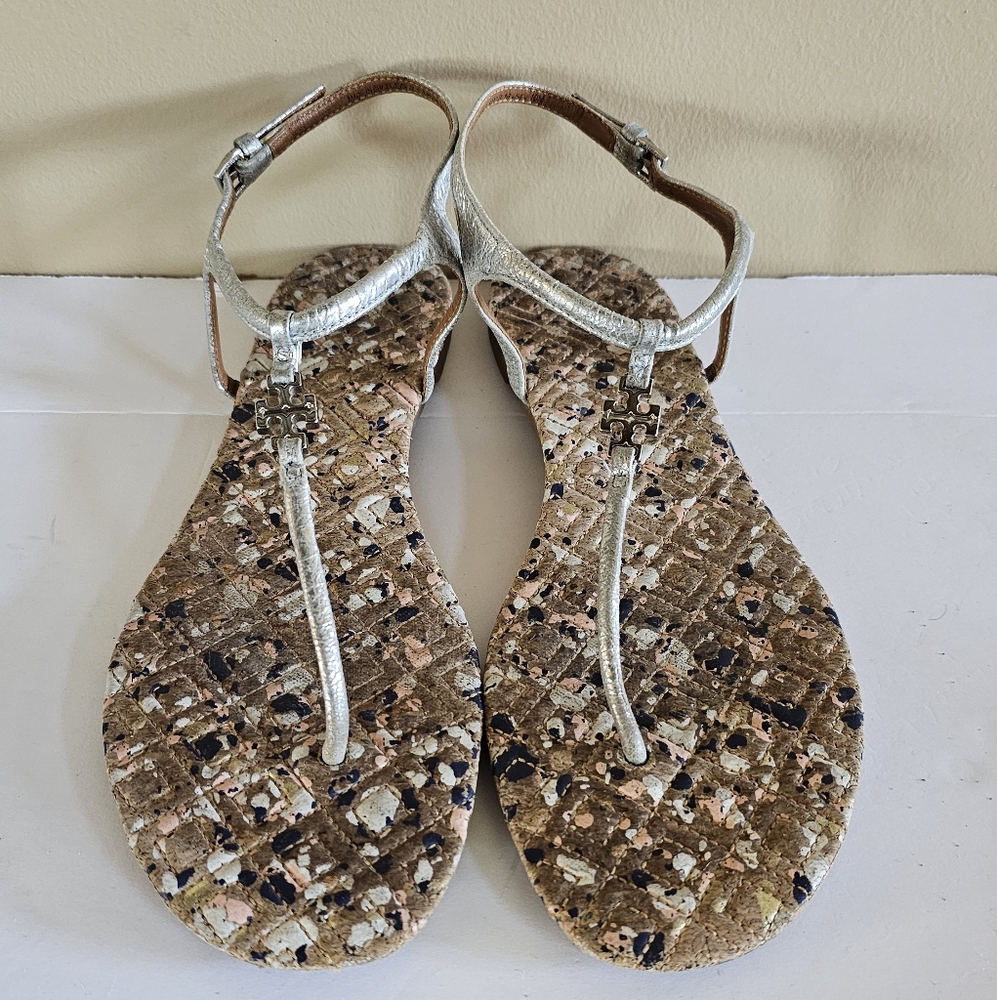 Tory Burch Marion Confetti Thong Quilted T-Strap Silver Sandals Women's Size 10